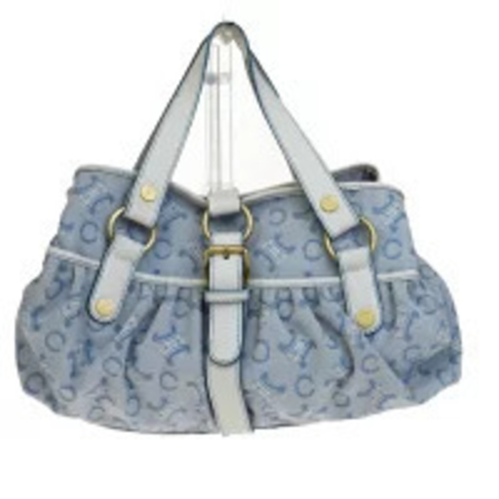 Celine Macadam Handbag Tote Bag Blue White Canvas Leather